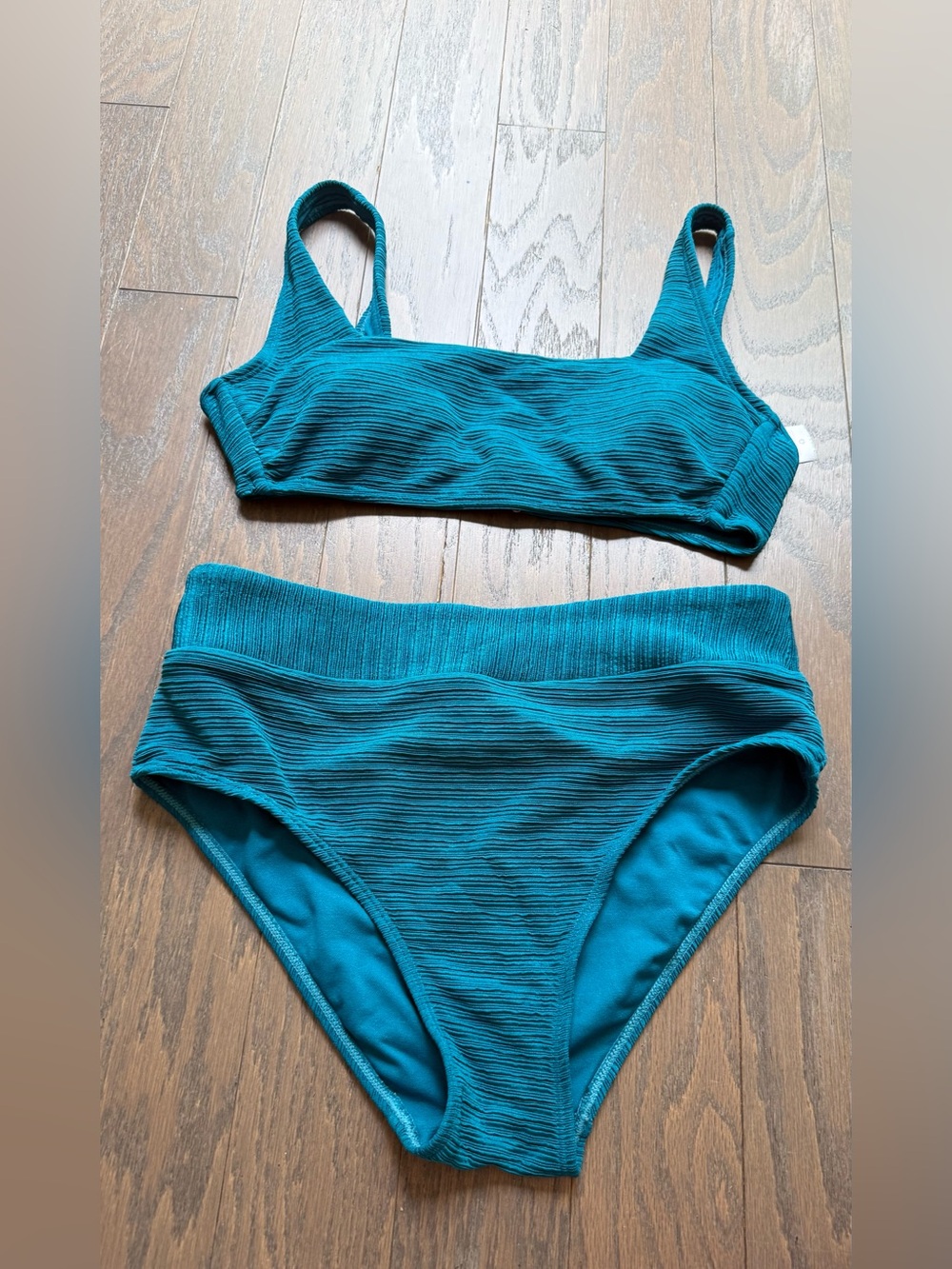 Time & Tru woman’s swimsuit teal 2 piece bikini high waisted ribbed small 4-6